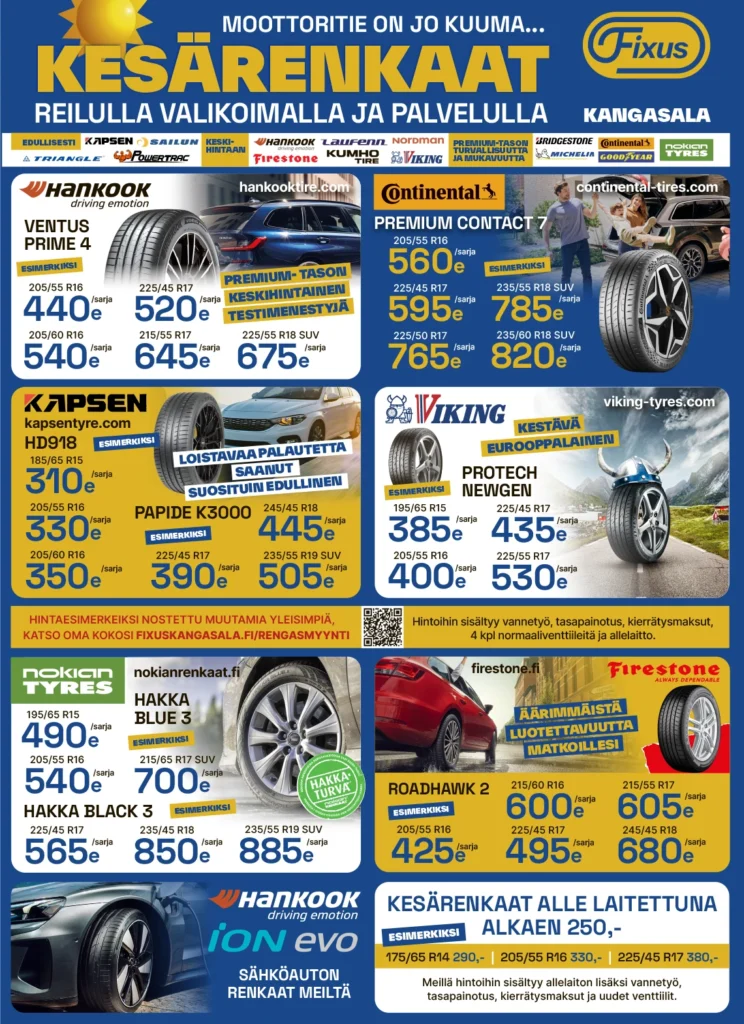 Moottoritie on jo kuuma, kesärenkaat reilulla valikoimalla ja palvelulla.