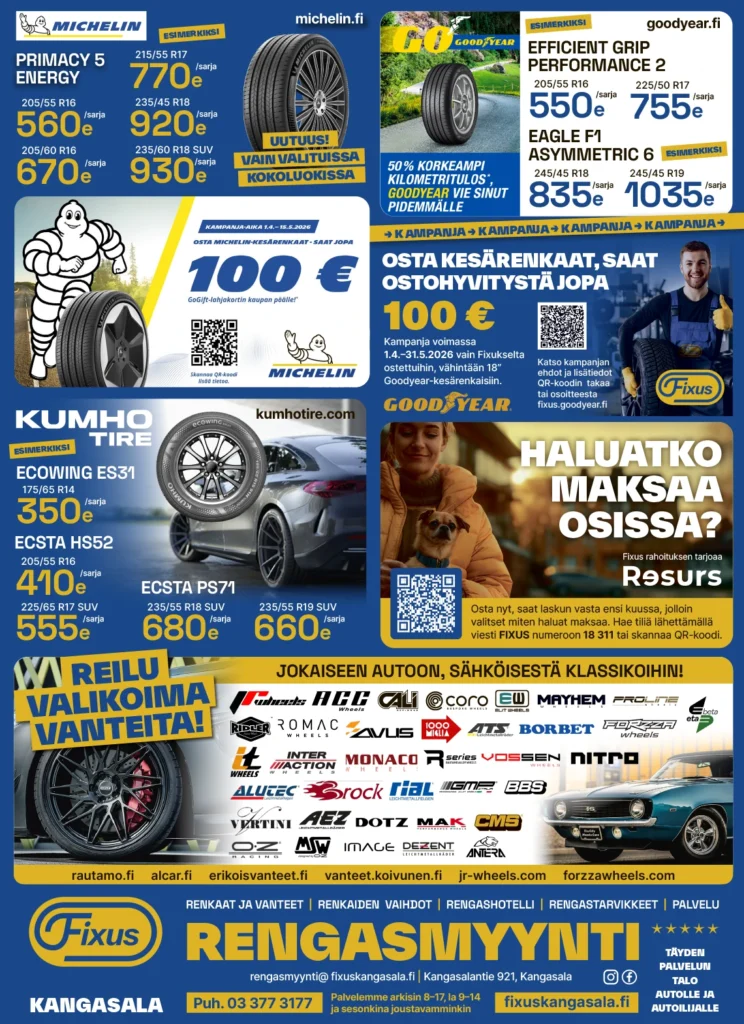 Moottoritie on jo kuuma, kesärenkaat reilulla valikoimalla ja palvelulla.