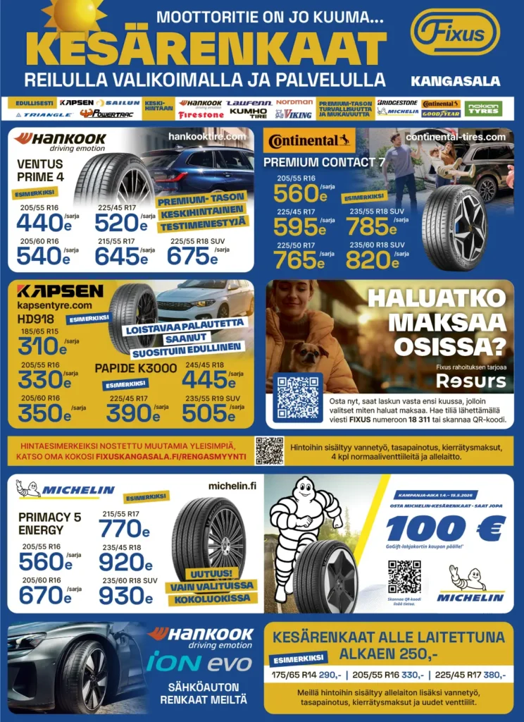 Moottoritie on jo kuuma, kesärenkaat reilulla valikoimalla ja palvelulla.